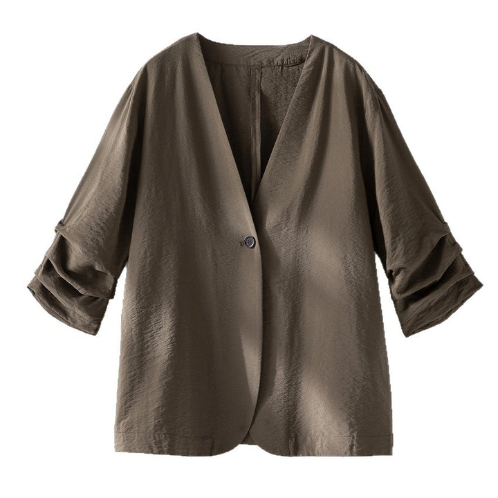 Damen Leichter Oversize-Blazer mit V-Ausschnitt, Ein-Knopf-Verschluss und gerafften Dreiviertelärmeln Drune