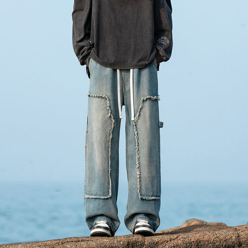 Herren Weite Denim-Cargohose mit Fransen-Patchtaschen und Tunnelzugbund Drune