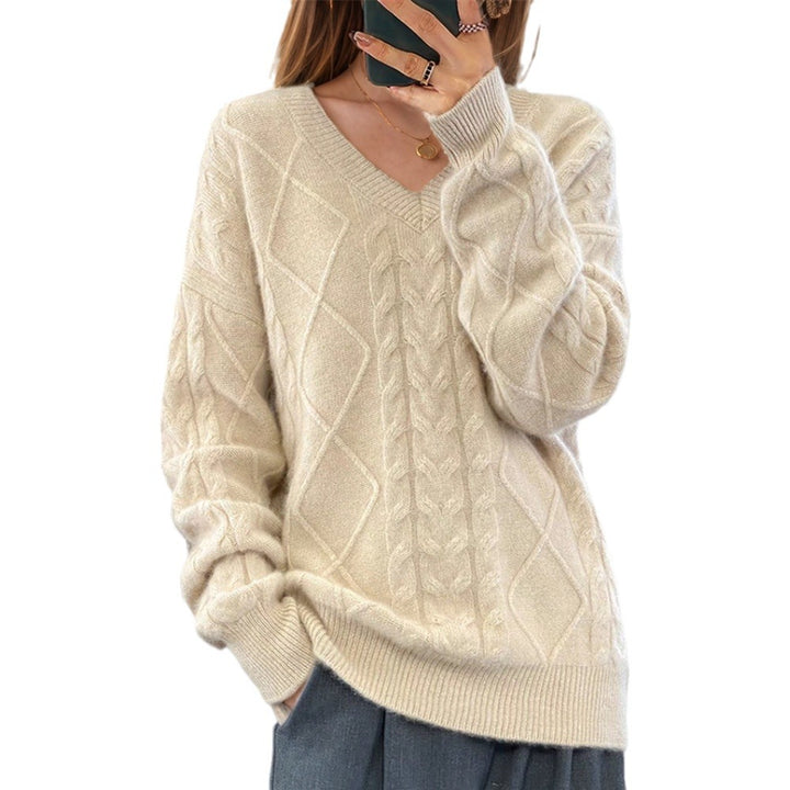 Damen nan kuscheliger V-Ausschnitt Zopfmuster-Pullover mit Oversize-Schnitt und Rippabschlüssen Drune
