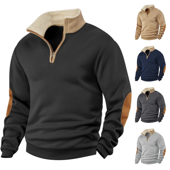 Herren nan Sherpa-gefütterter Halbzip-Pullover mit Stehkragen und Leder-Ellenbogenpatches Drune