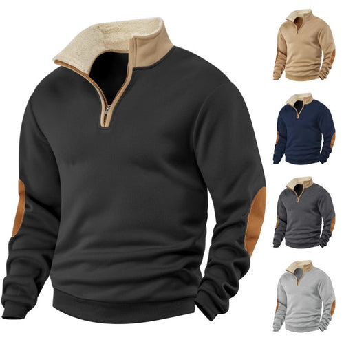 Herren nan Sherpa-gefütterter Halbzip-Pullover mit Stehkragen und Leder-Ellenbogenpatches Drune