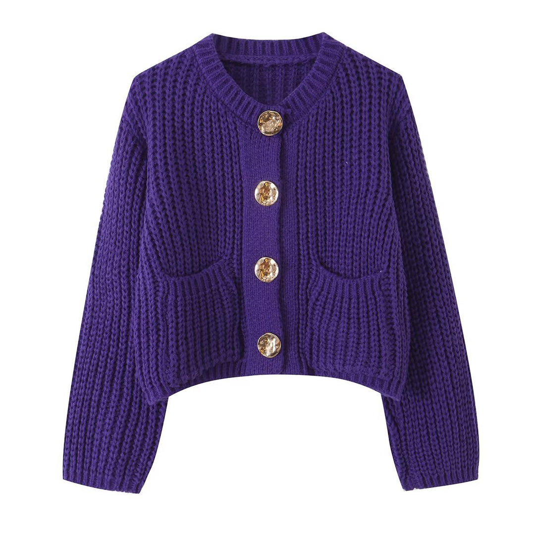 Damen Grobgestrickte Kurzstrickjacke mit großen Zierknöpfen und aufgesetzten Taschen Drune