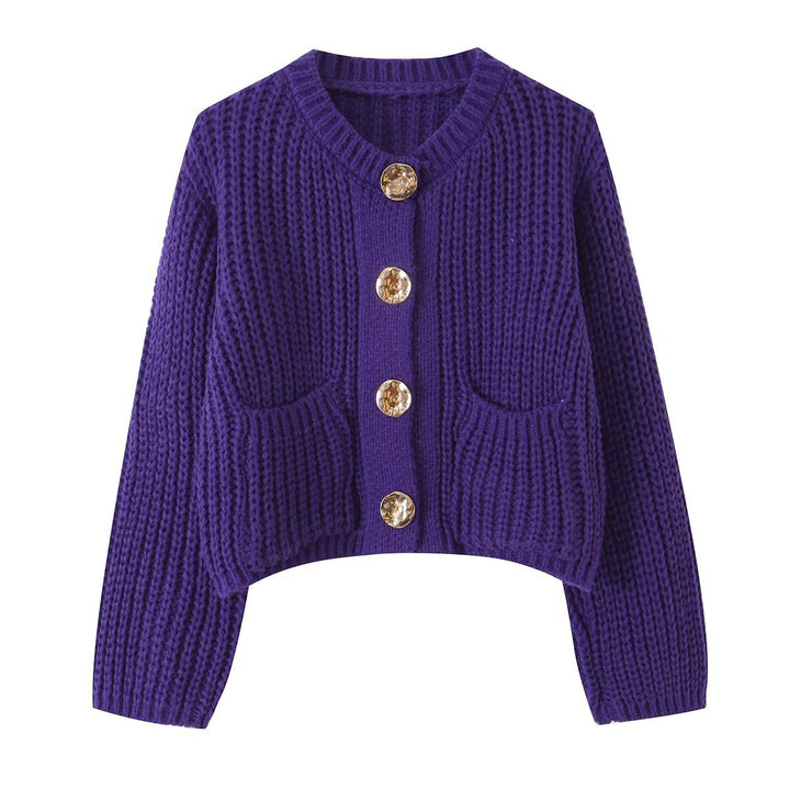 Damen Grobgestrickte Kurzstrickjacke mit großen Zierknöpfen und aufgesetzten Taschen Drune