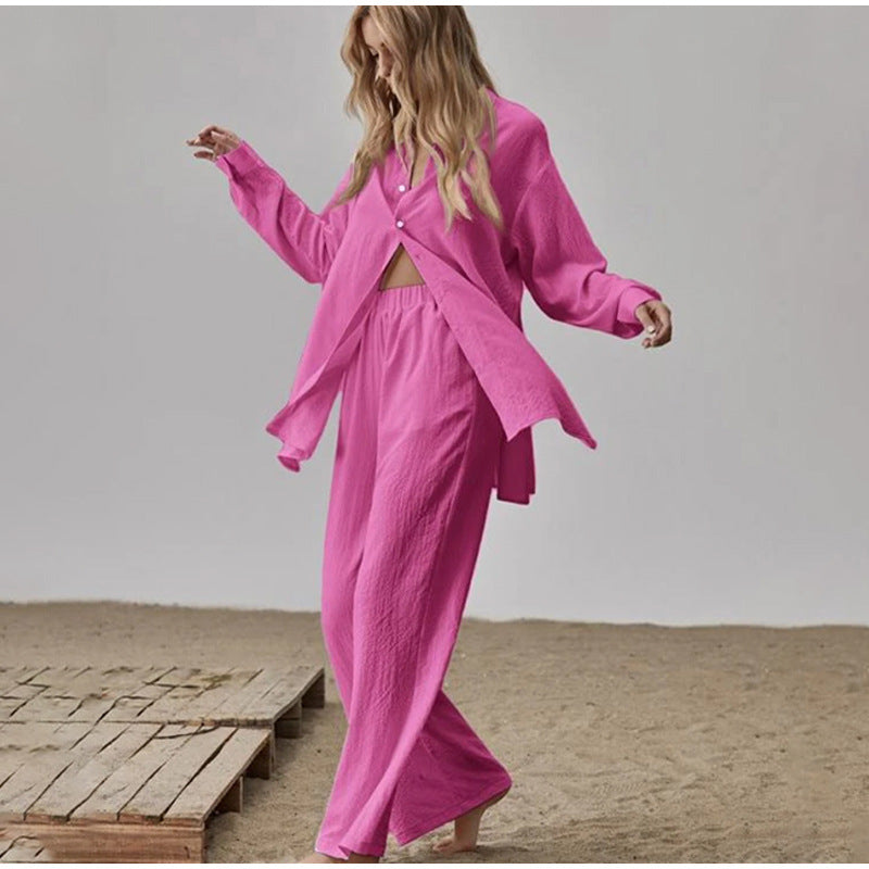 Damen Satin Pyjama Set mit langärmliger Bluse und weiten Hosen Drune