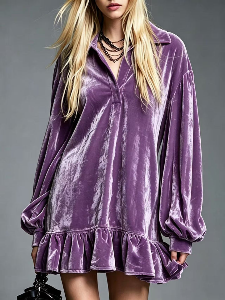 Damen Samt-Minikleid mit Volant-Saum, Ballonärmeln und Hemdkragen Drune