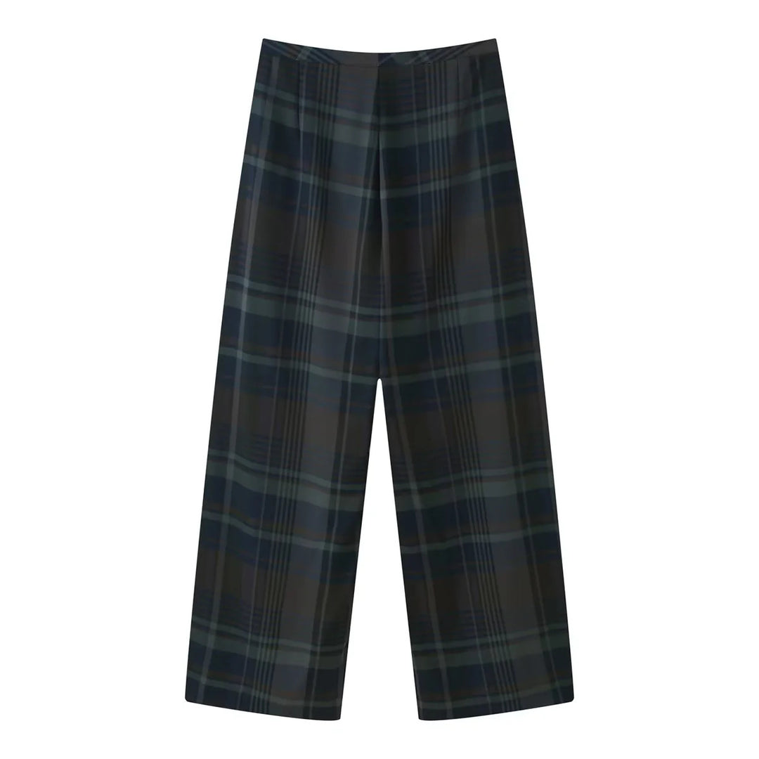 Damen nan weite Karohose mit hoher Taille, fließender Wide‑Leg‑Silhouette und verdecktem Elastikbund Drune
