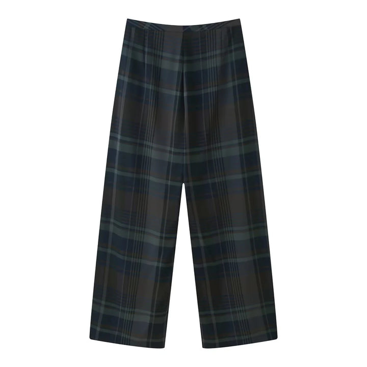 Damen nan weite Karohose mit hoher Taille, fließender Wide‑Leg‑Silhouette und verdecktem Elastikbund Drune