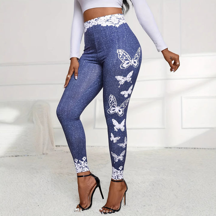 Damen Leggings mit floralem Spitzensaum und buntem Schmetterlingsdruck Drune