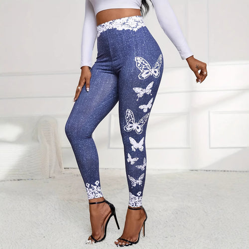 Damen Leggings mit floralem Spitzensaum und buntem Schmetterlingsdruck Drune