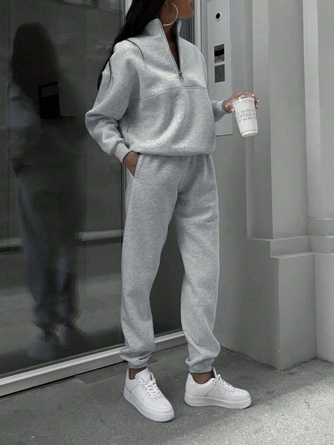 Damen Oversize Sweat-Set mit halbem Reißverschluss, Stehkragen und lässiger Jogginghose Drune