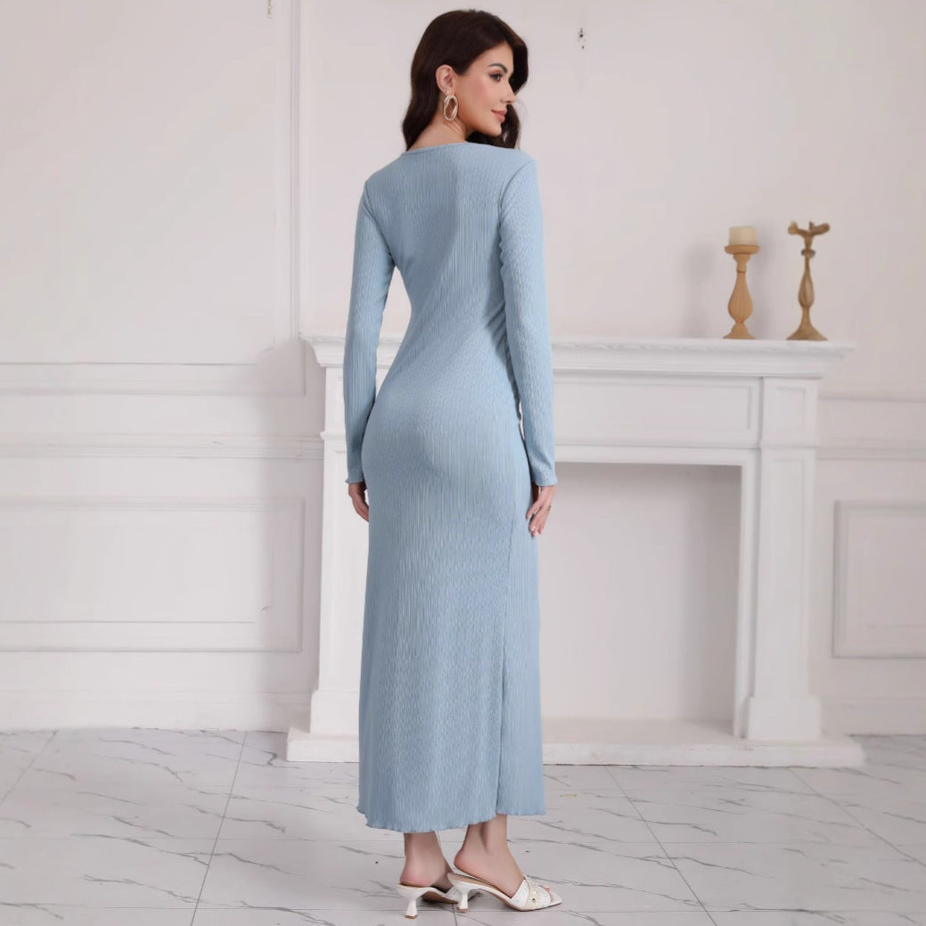 Damen Langes geripptes Bodycon-Maxikleid mit Rundhals & langen Ärmeln Drune