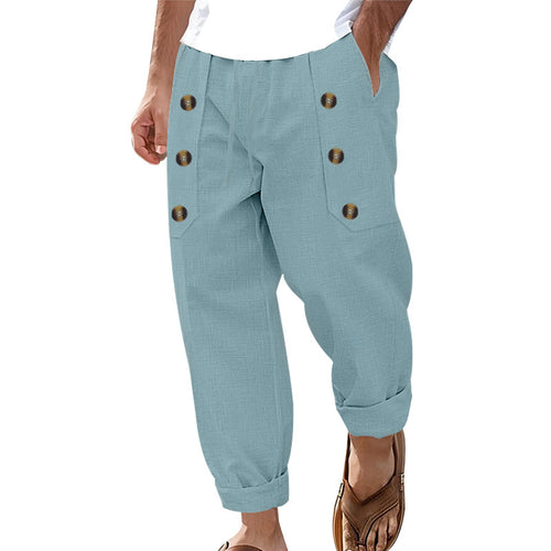 Herren Bequeme Leinenhose mit seitlichen Knöpfen und elastischem Bund Drune