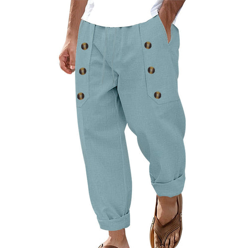 Herren Bequeme Leinenhose mit seitlichen Knöpfen und elastischem Bund Drune