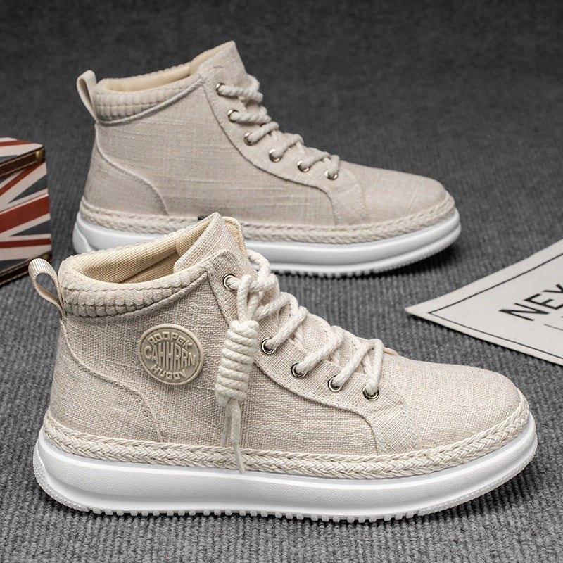 Damen hohe Freizeit‑Sneaker mit meliertem Textilobermaterial, geflochtener Jute‑Zierkante und gedämpfter Plateau‑Sohle Drune