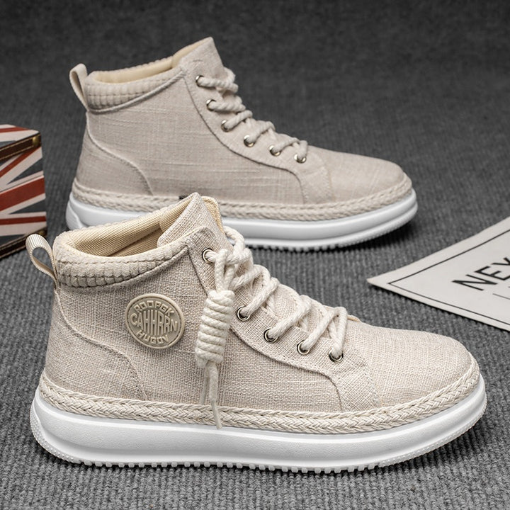 Damen hohe Freizeit‑Sneaker mit meliertem Textilobermaterial, geflochtener Jute‑Zierkante und gedämpfter Plateau‑Sohle Drune