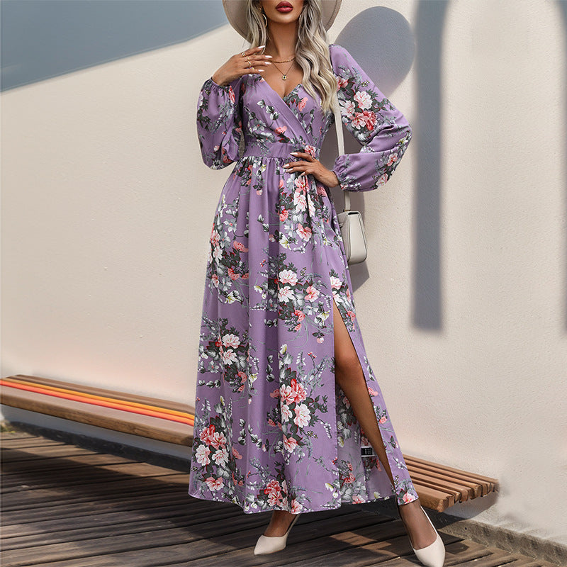 Damen Maxikleid mit Wickeloptik, V-Ausschnitt, Taillenraffung & seitlichem Beinschlitz Drune