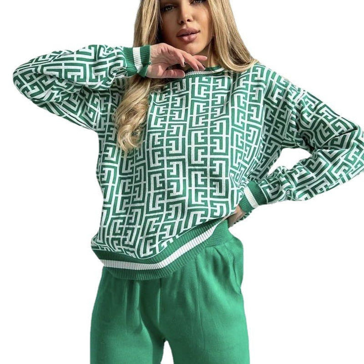 Damen modisches Strick-Loungewear-Set mit grafischem Muster Drune