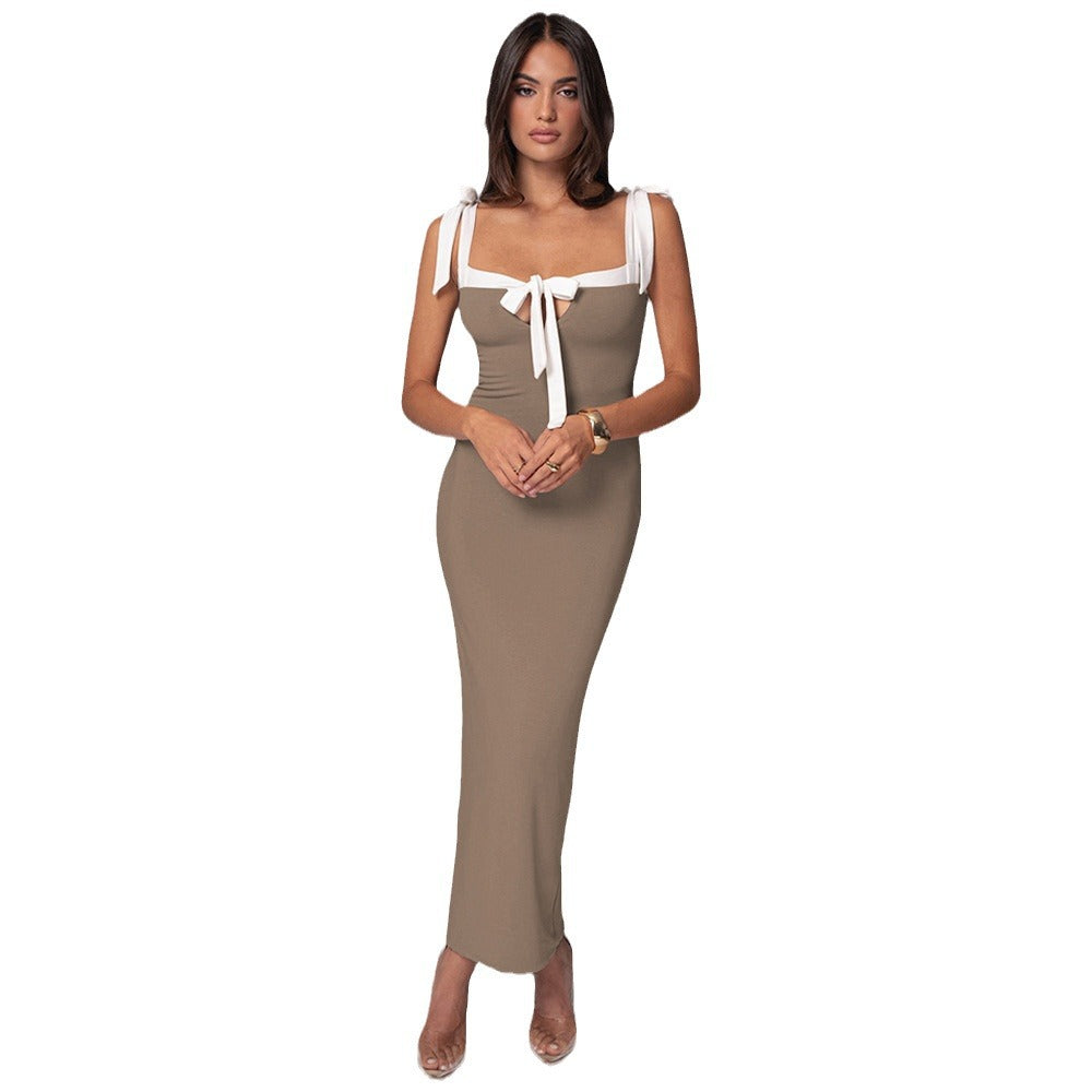 Damen Elegantes Maxikleid mit schmalem Oberteil und dekorativen Schleifen Drune