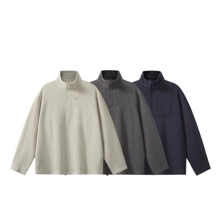Unisex Leichter Waffelstrick-Halbzip-Pullover mit Stehkragen und Brustzippertasche Drune