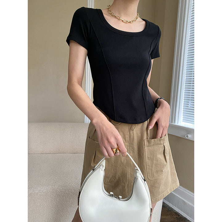 Damen figurbetontes Ripp-T-Shirt mit Rundhalsausschnitt Drune