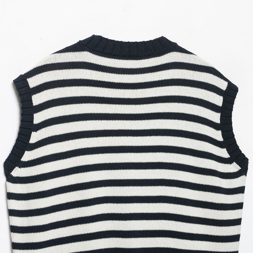 Damen Gestreifte Strickweste mit Rundhalsausschnitt und breitem Rippenbund Drune