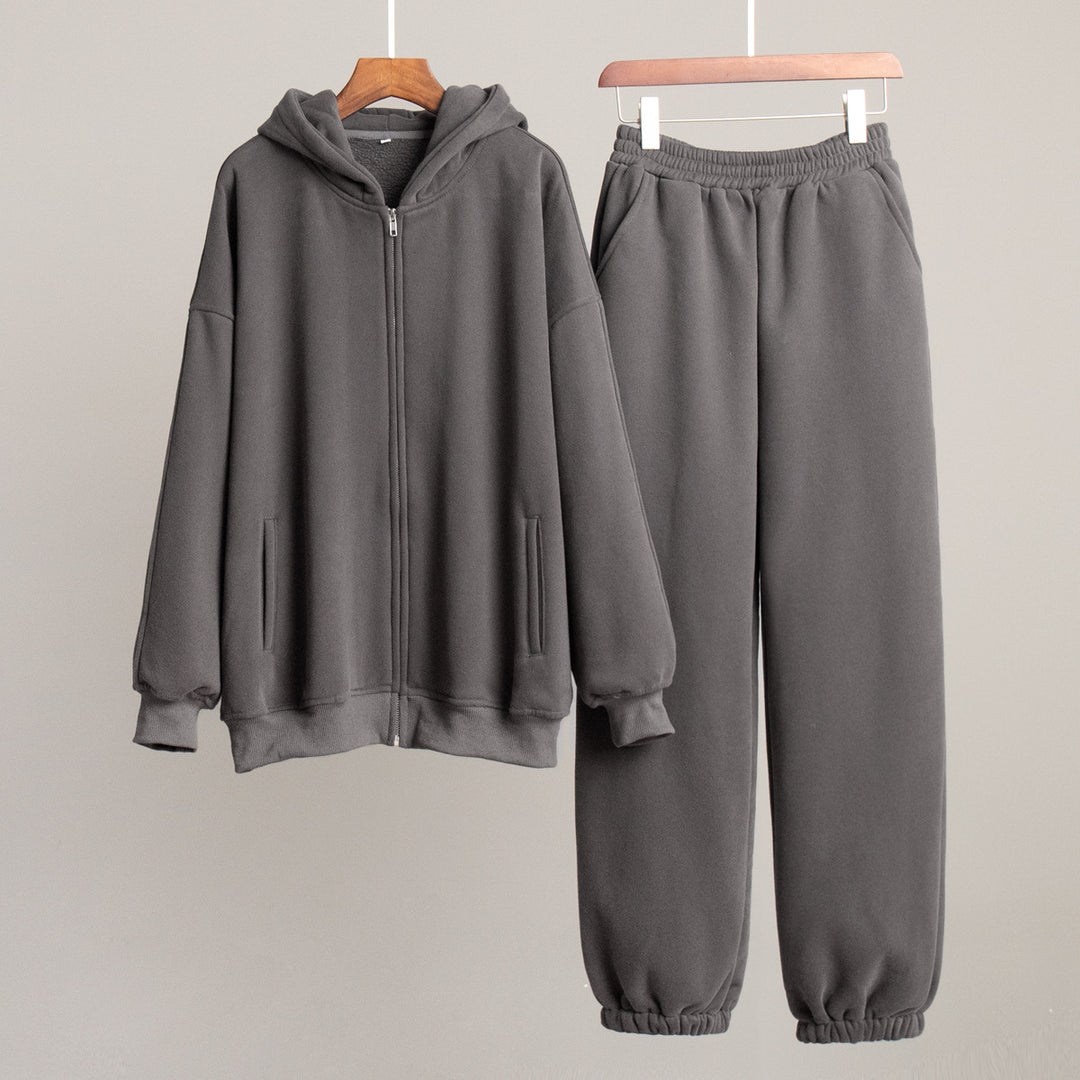 Damen Bequemes Fleece-Hausanzug-Set mit Hoodie und elastischem Bund Drune