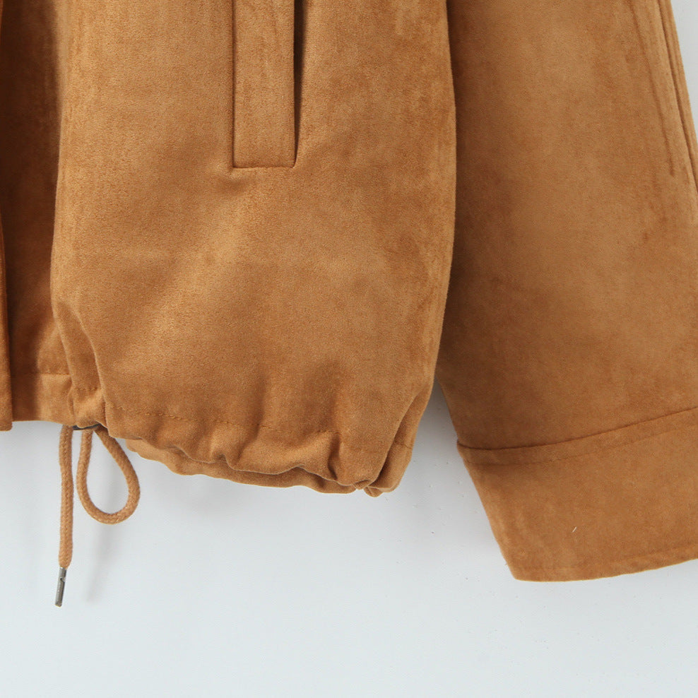 Damen Kurzjacke aus Wildleder mit Stehkragen, verdecktem Reißverschluss und Tunnelzug Drune