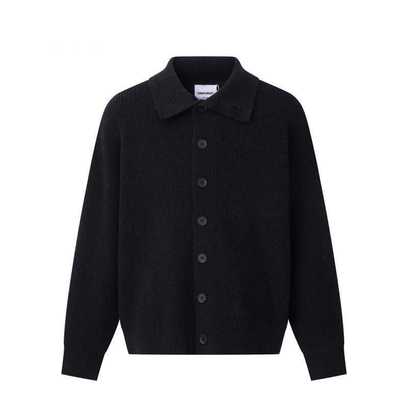 Unisex Boxy-Strickjacke mit Hemdkragen, gerippter Struktur und durchgehender Knopfleiste Drune
