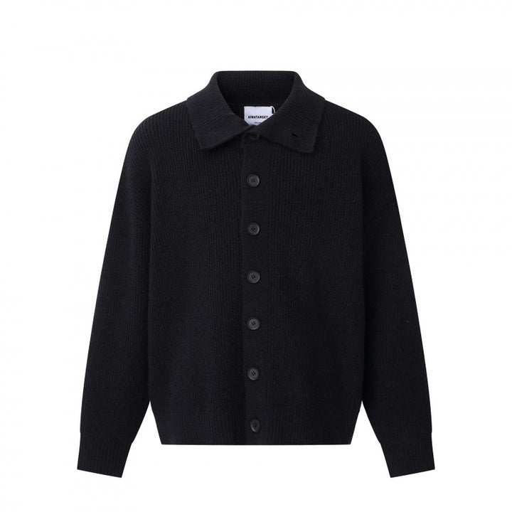 Unisex Boxy-Strickjacke mit Hemdkragen, gerippter Struktur und durchgehender Knopfleiste Drune