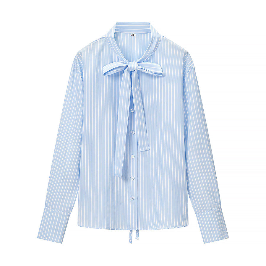 Damen Gestreifte Bluse mit Schleifenkragen und durchgehender Knopfleiste Drune