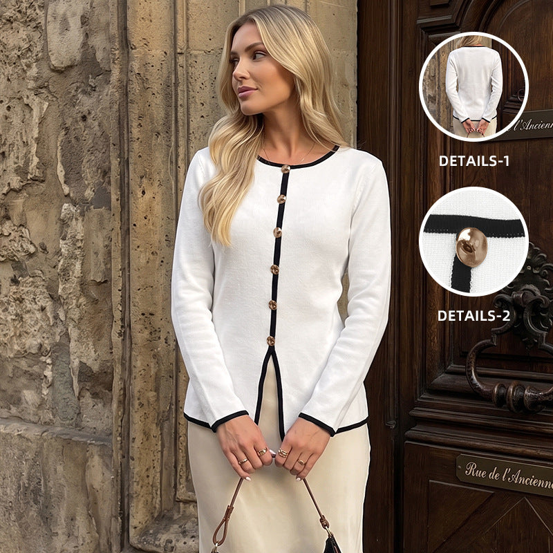 Damen Elegantes Langarm-Cardigan mit Kontrastnähten Drune