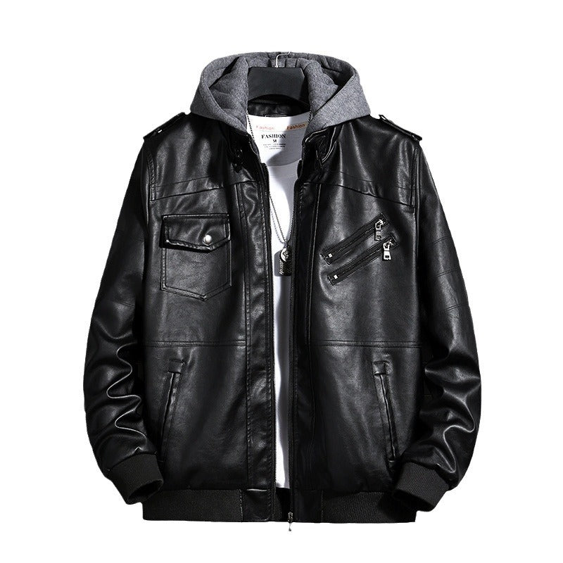 Herren Modische Lederjacke mit Kapuze Drune