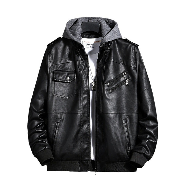 Herren Modische Lederjacke mit Kapuze Drune