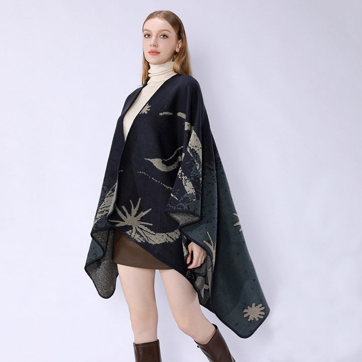 Damen Überschnittenes Jacquard‑Wickelcape aus feinem Strick mit asymmetrischem Saum Drune