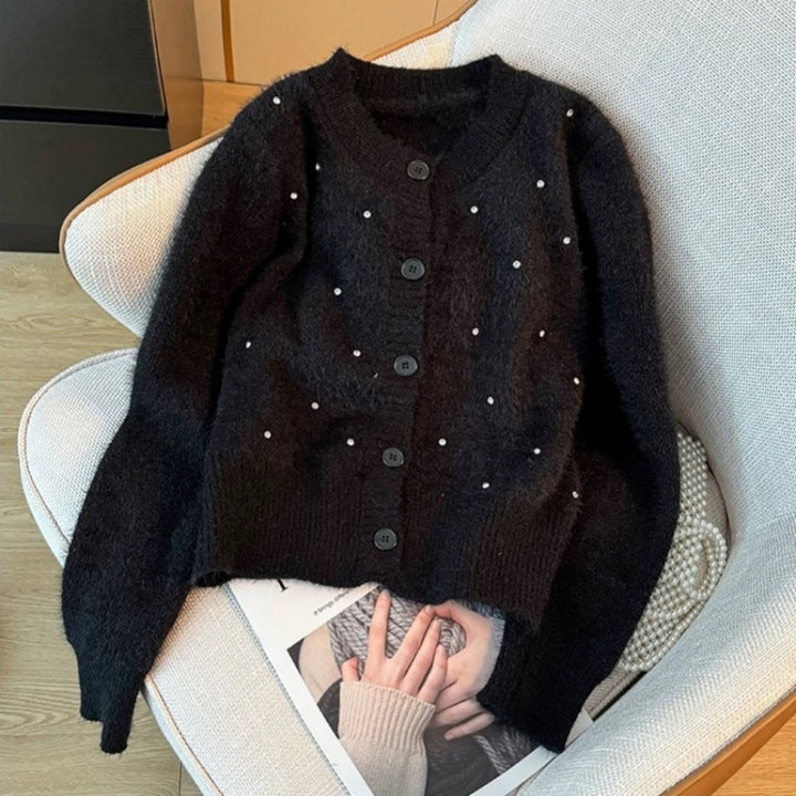 Damen elegante Strickjacke mit trendigen Perlenakzenten Drune