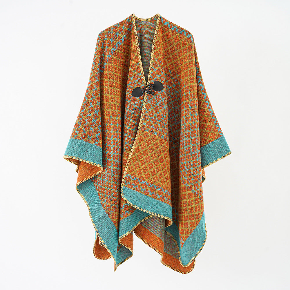 Damen Wollponcho mit geometrischem Karomuster und Knebelverschluss Drune