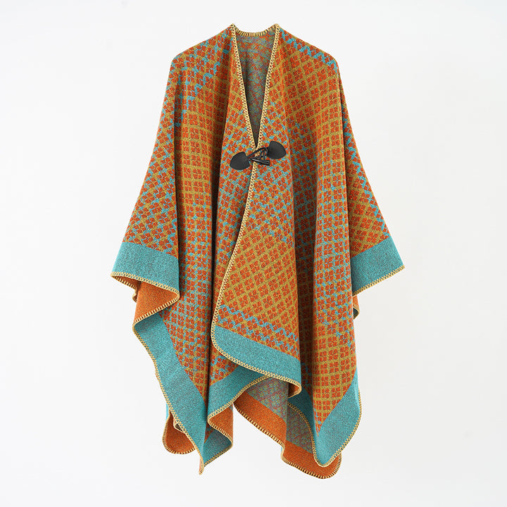 Damen Wollponcho mit geometrischem Karomuster und Knebelverschluss Drune