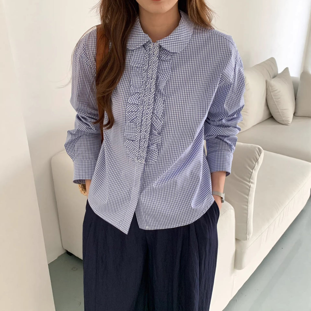 Damen Karierte Bluse mit Rüschendetails Drune