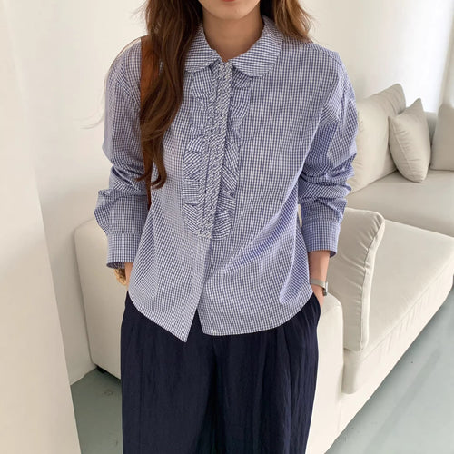 Damen Karierte Bluse mit Rüschendetails Drune