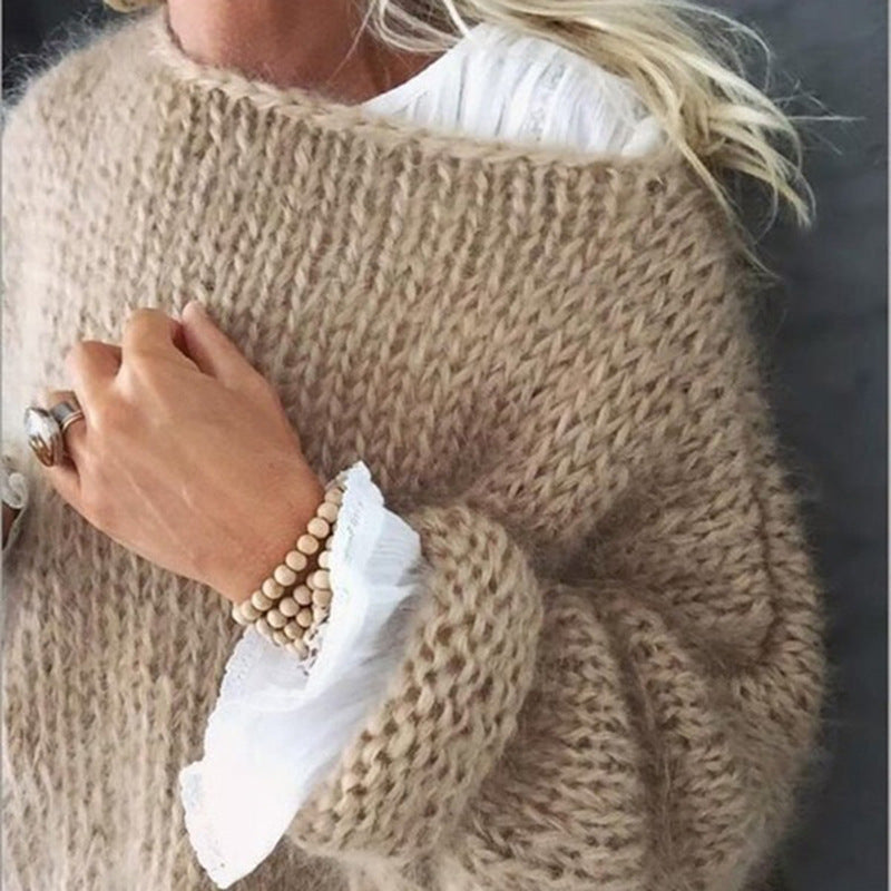 Damen Kurzgeschnitteter flauschiger Grobstrickpullover mit überschnittener Schulter Drune