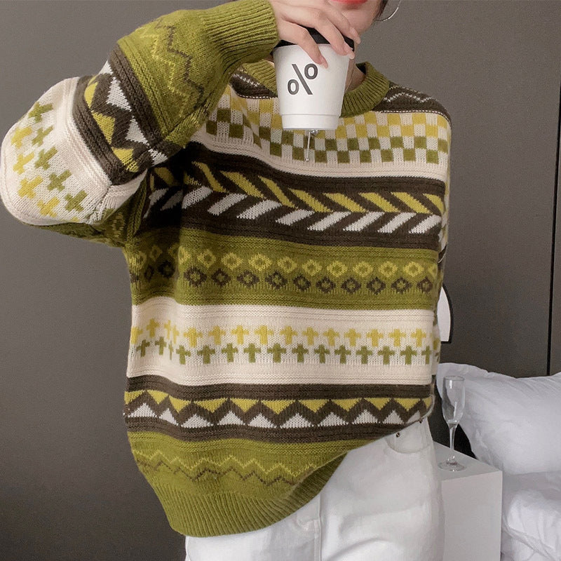 Damen Grobstrickpullover mit geometrischem Muster und weitem Schnitt Drune