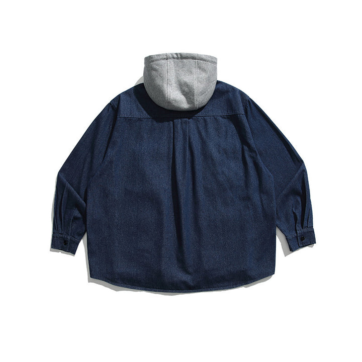 Unisex Boxy-Jeans-Überhemdjacke mit angenähter Kapuze und Multifunktionstaschen Drune