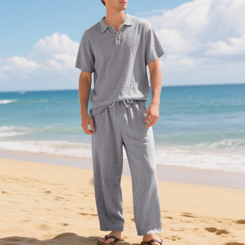 Herren nan luftiges Leinen-Ensemble mit Polokragen und regulierbarer Bundhose Drune