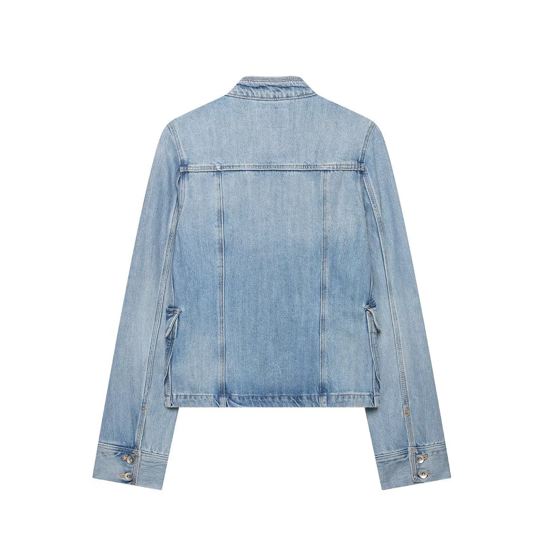 Damen Boxy-Denimjacke im Safari‑Look mit Stehkragen und vier aufgesetzten Taschen Drune