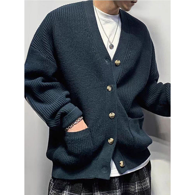 Herren Oversized Strickcardigan mit Ellenbogen-Patches und aufgesetzten Taschen Drune