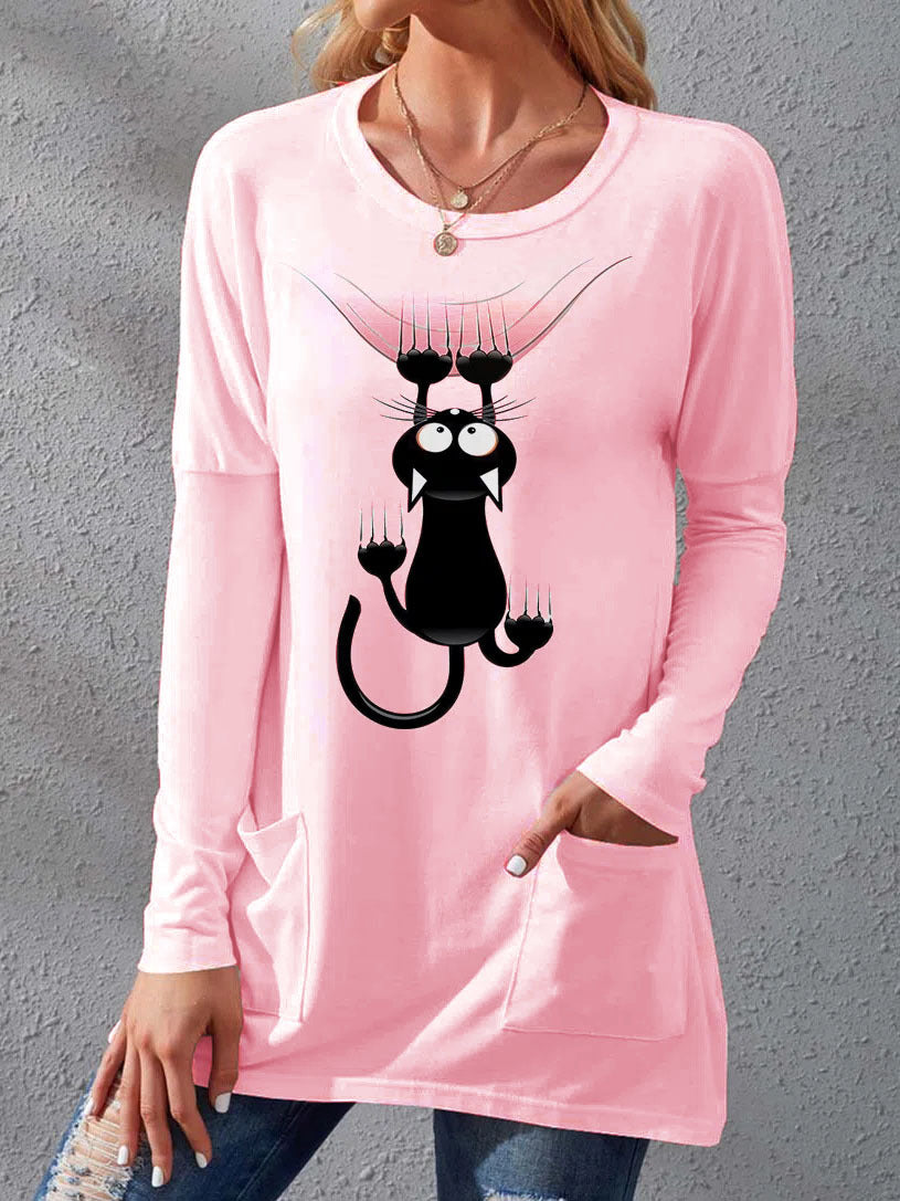 Damen Langere Baumwollmischung Tunika Shirt mit Cartoon-Katzen-Druck und Seitentaschen Drune