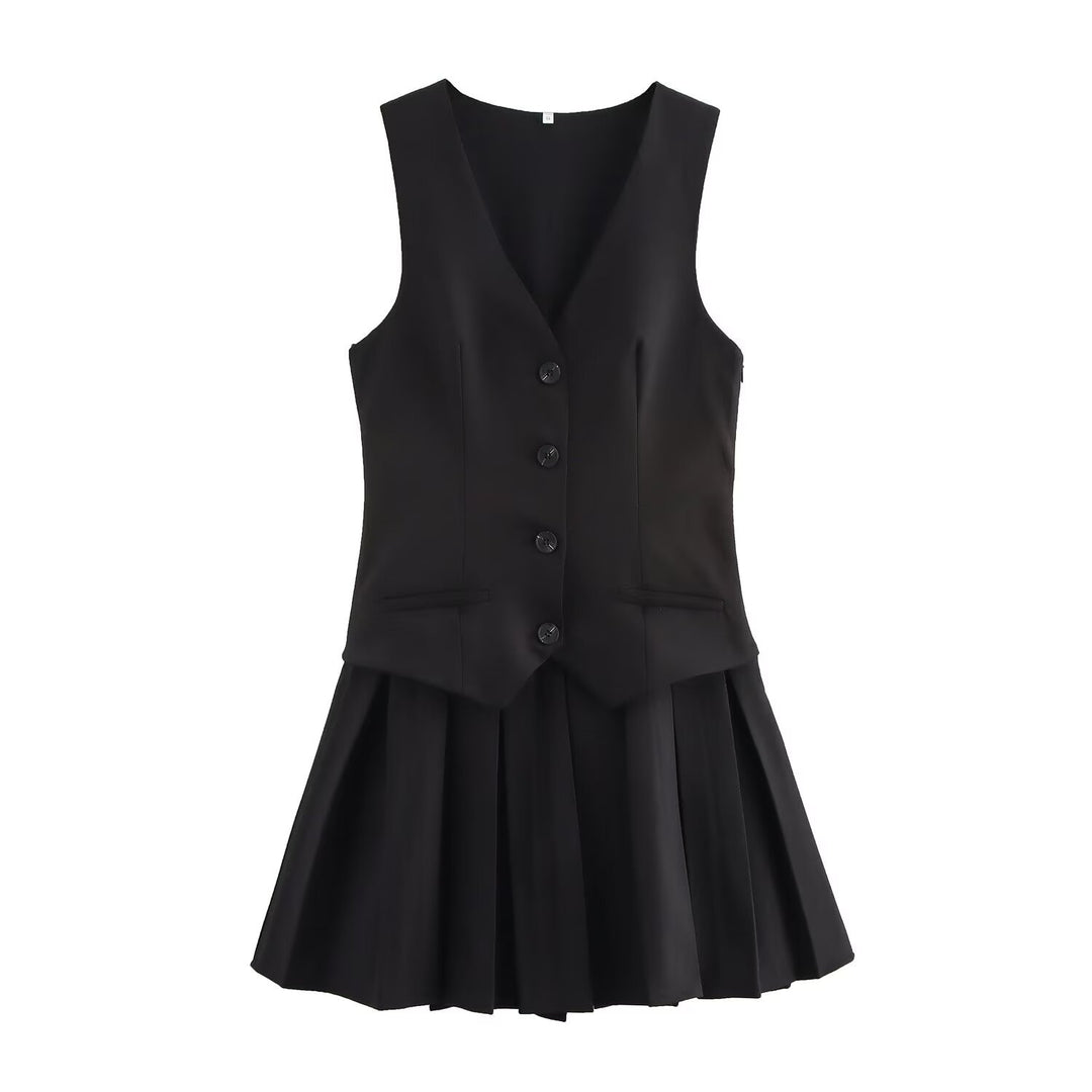 Damen Plissee-Kleid mit tailliertem Oberteil und Knopfleiste Drune