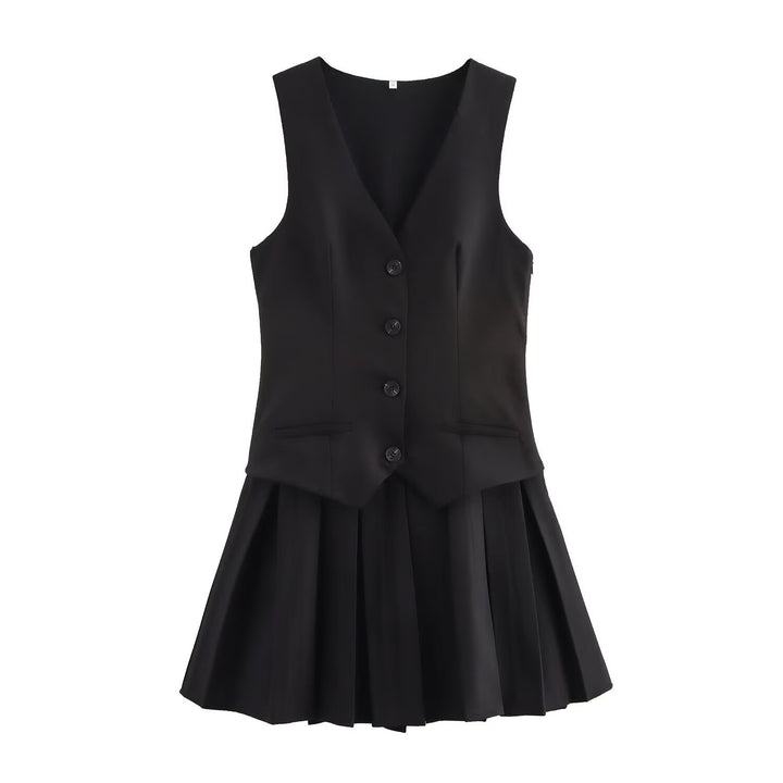 Damen Plissee-Kleid mit tailliertem Oberteil und Knopfleiste Drune