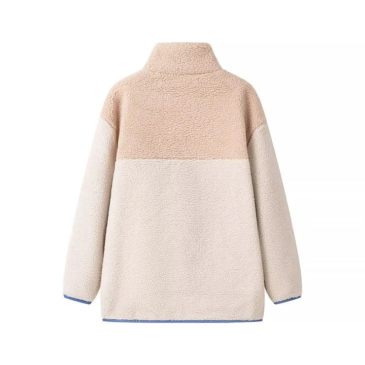 Damen nan locker geschnittene Teddy‑Fleecejacke mit Stehkragen Reißverschlusstaschen und aufgesetzter Brusttasche Drune