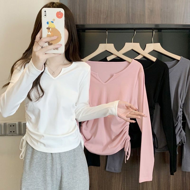 Damen vielseitiges Langarmshirt mit modischem V-Ausschnitt und Raffung Drune
